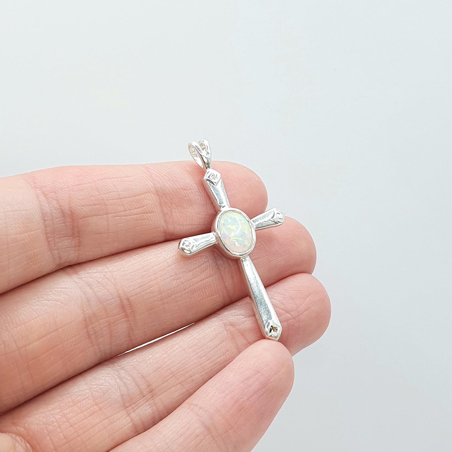 Vintage Sterling Silver Opal Crucifix Pendant Cross White Gemstone Necklace Catholic Christian Jewellery Jewelry Vintage Womens