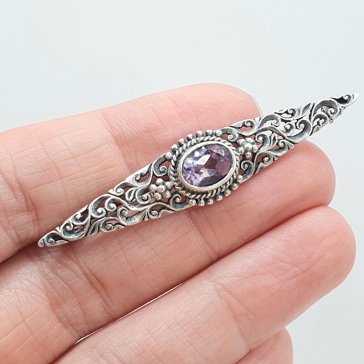 Antique Sterling Silver Amethsyt Brooch Art Nouveau Floral Pierced Oval Cut Lilac Gemstone Vintage Womens Mens Jewelry Jewellery