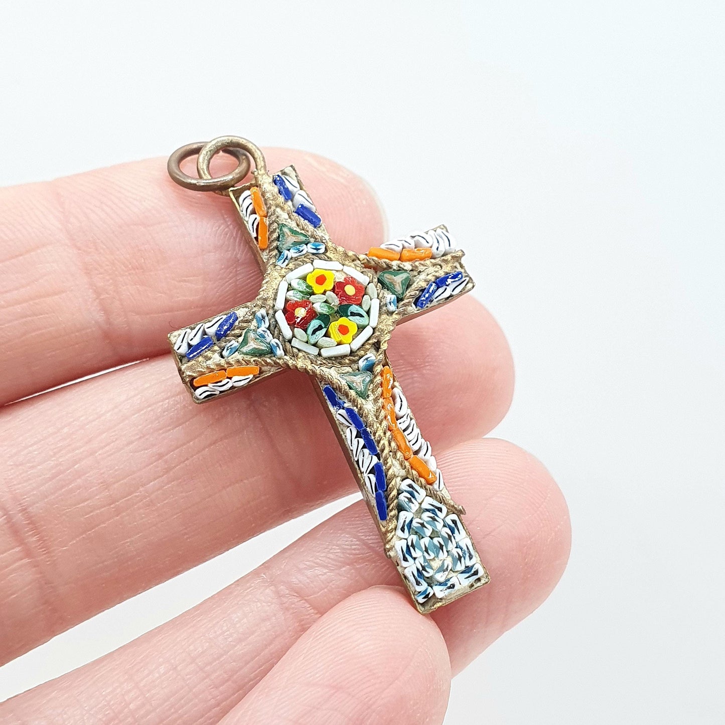 Antique Micromosaic Crucifix Pendant Micro Mosaic Cross Gold Tone Base Metal Catholic Vintage Necklace Jewelry Jewellery
