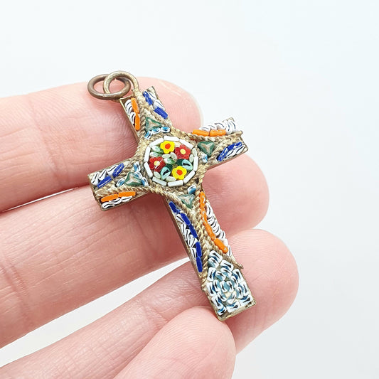 Antique Micromosaic Crucifix Pendant Micro Mosaic Cross Gold Tone Base Metal Catholic Vintage Necklace Jewelry Jewellery