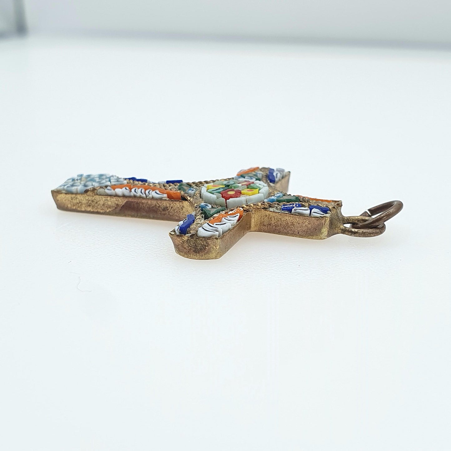 Antique Micromosaic Crucifix Pendant Micro Mosaic Cross Gold Tone Base Metal Catholic Vintage Necklace Jewelry Jewellery
