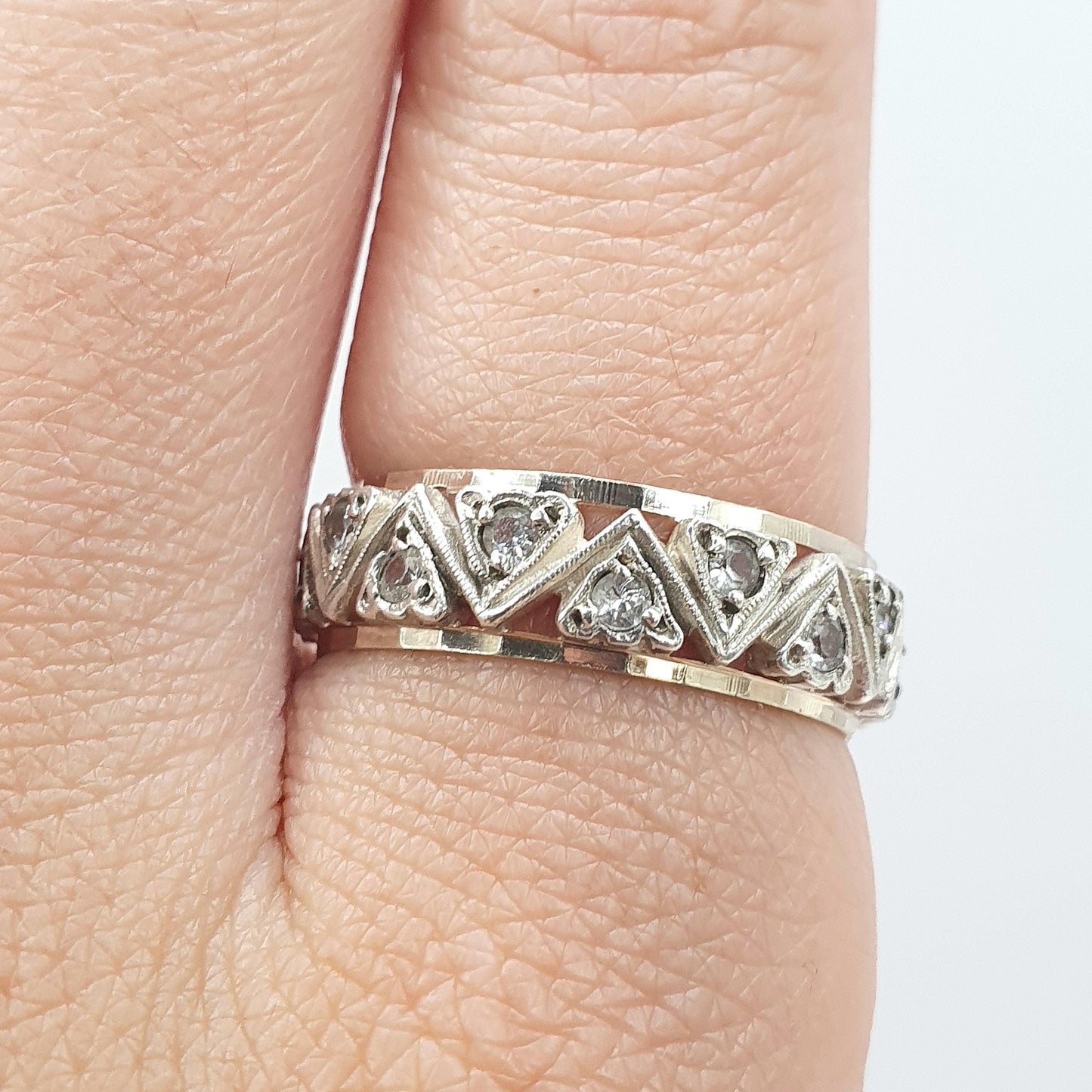 Antique 9ct Gold & Solid Silver White Spinel Eternity Ring Triangle Arrow Pattern Vintage 1920s Womens Jewelry Jewellery UK Q.5 US 8.5