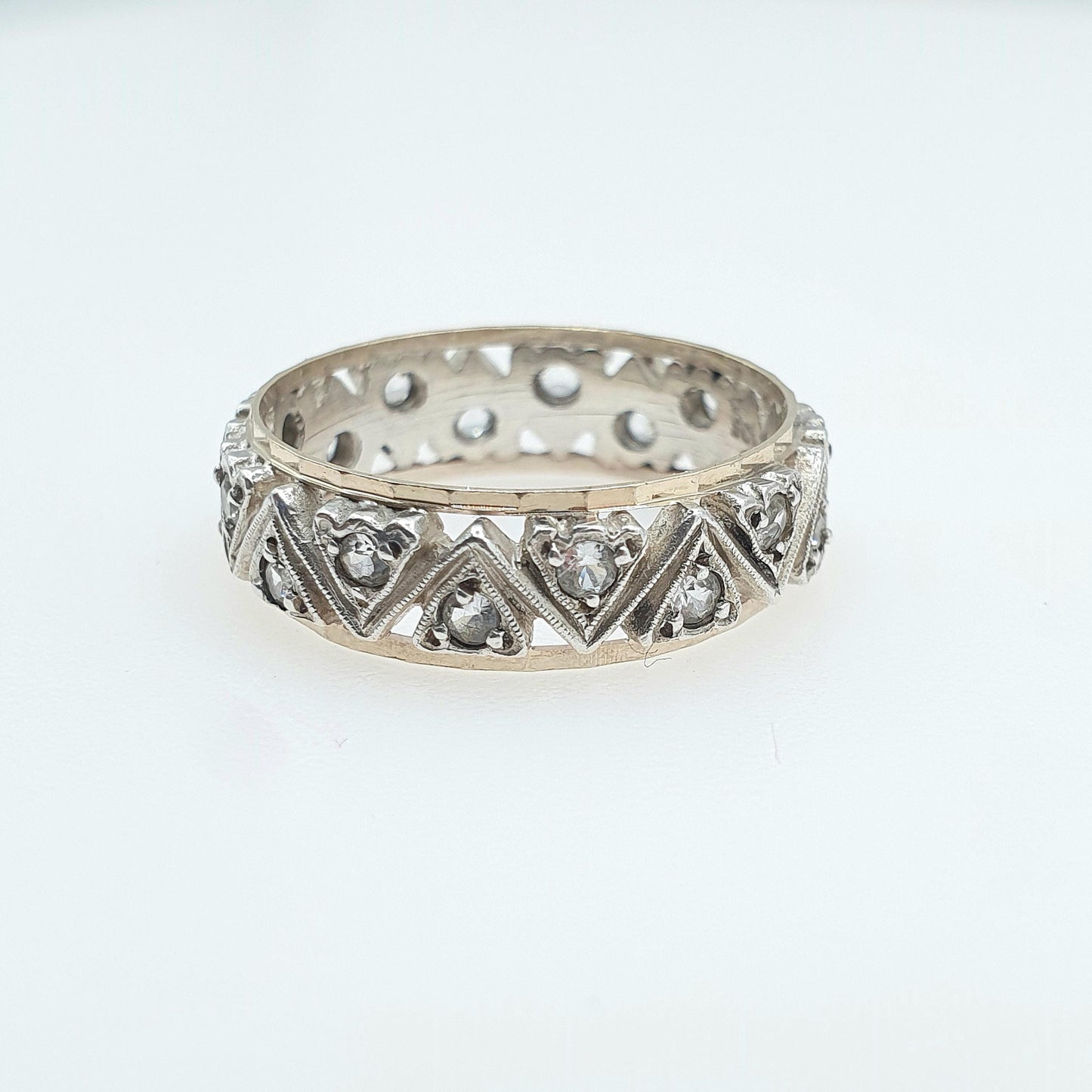 Antique 9ct Gold & Solid Silver White Spinel Eternity Ring Triangle Arrow Pattern Vintage 1920s Womens Jewelry Jewellery UK Q.5 US 8.5