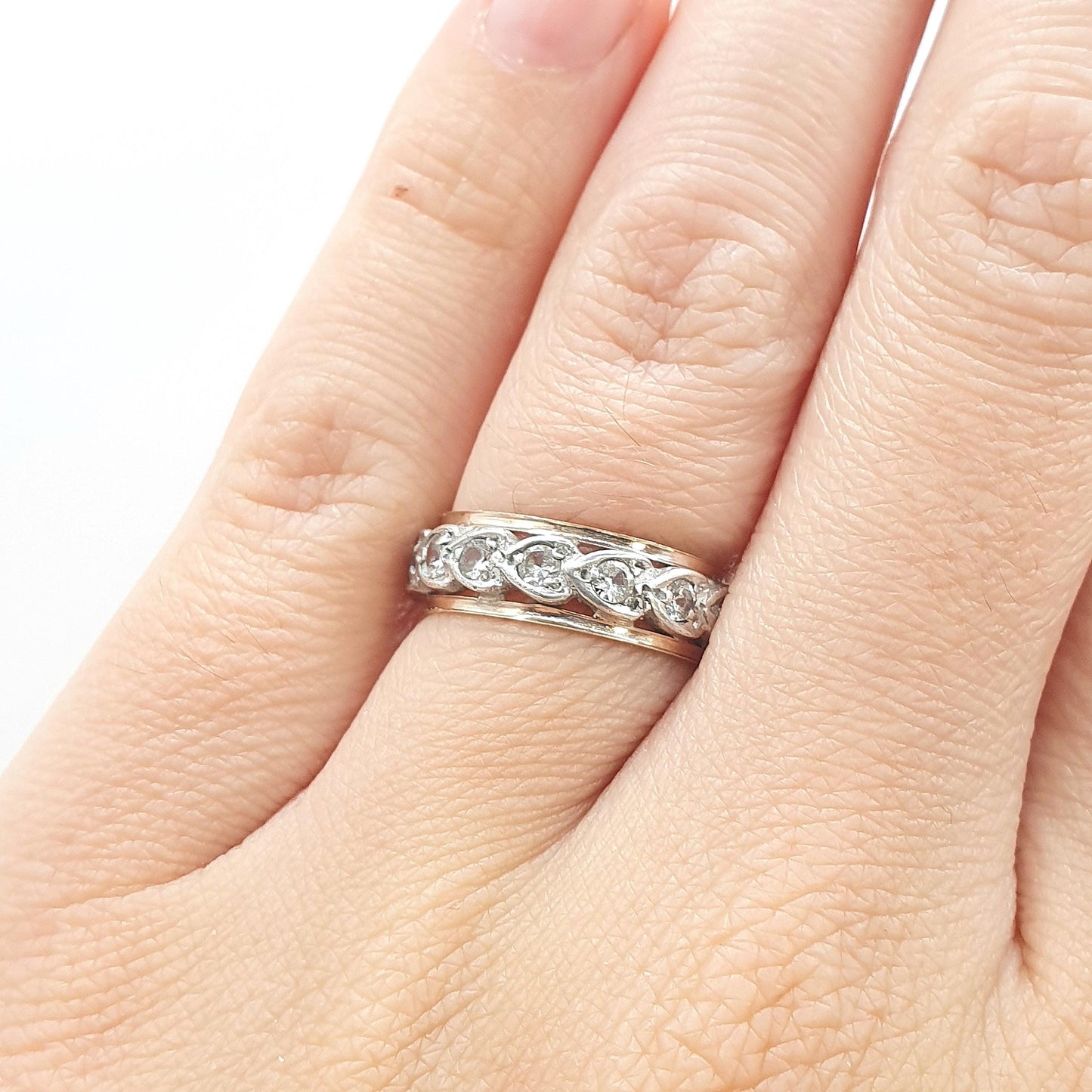 Antique 9ct Gold & Solid Silver White Spinel Eternity Ring Heart Pattern Love Gift Womens Jewelry Jewellery UK K or US 5.25