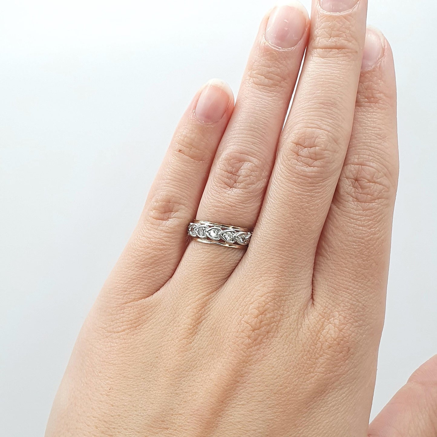 Antique 9ct Gold & Solid Silver White Spinel Eternity Ring Heart Pattern Love Gift Womens Jewelry Jewellery UK K or US 5.25