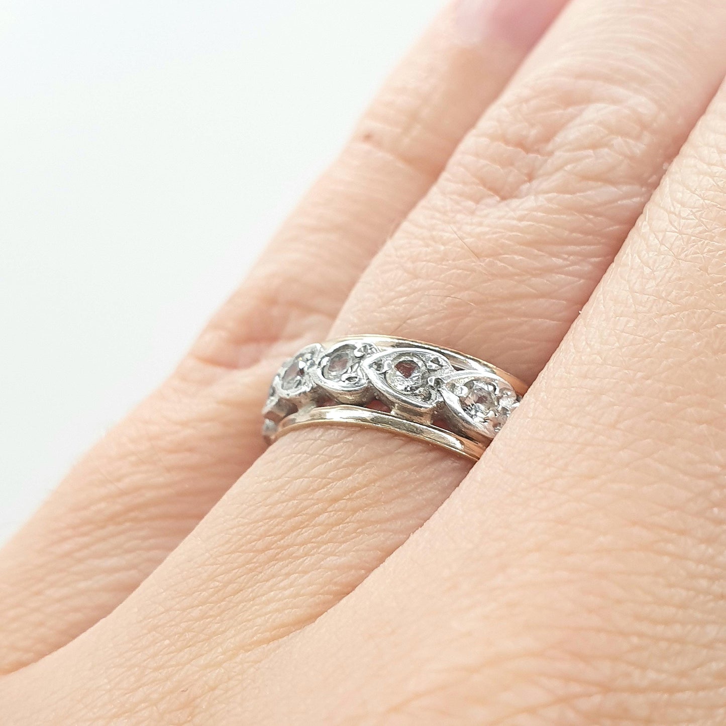 Antique 9ct Gold & Solid Silver White Spinel Eternity Ring Heart Pattern Love Gift Womens Jewelry Jewellery UK K or US 5.25