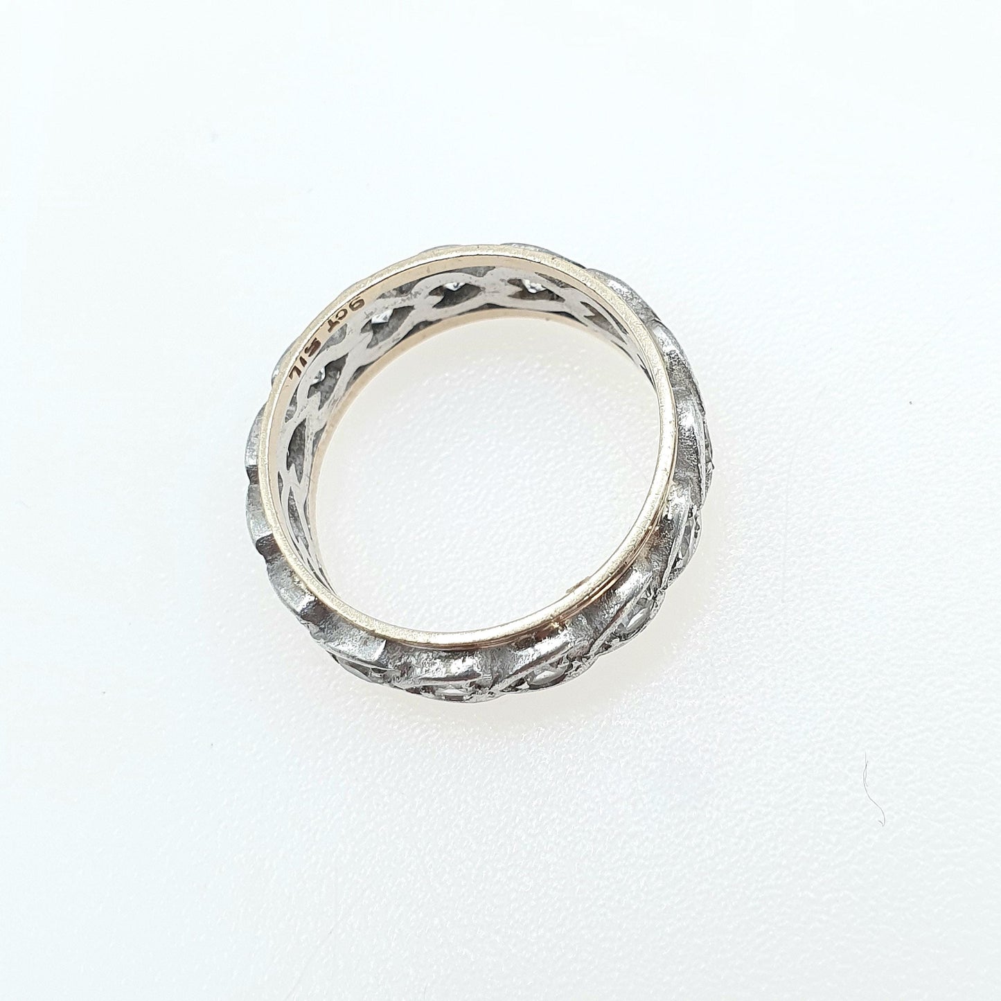 Antique 9ct Gold & Solid Silver White Spinel Eternity Ring Heart Pattern Love Gift Womens Jewelry Jewellery UK K or US 5.25
