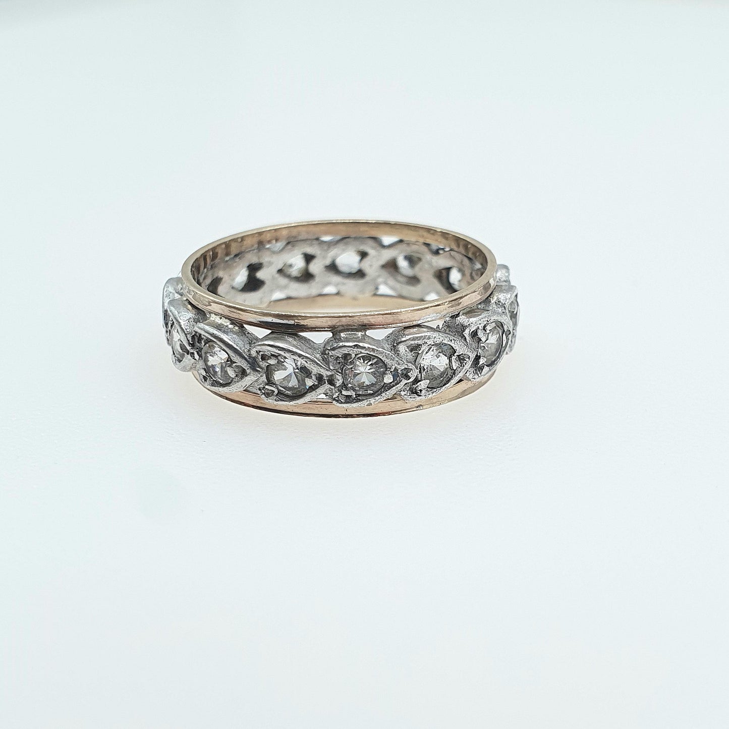 Antique 9ct Gold & Solid Silver White Spinel Eternity Ring Heart Pattern Love Gift Womens Jewelry Jewellery UK K or US 5.25