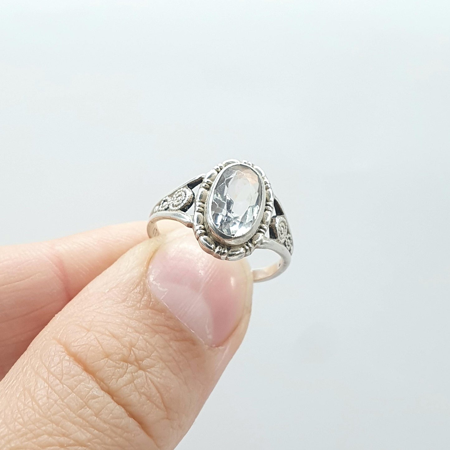 Antique Sterling Silver Rock Crystal Ring Art Deco Oval Cut Quartz TLM Thomas L Mott Jewellery Jewelry Vintage UK L.5 US 6