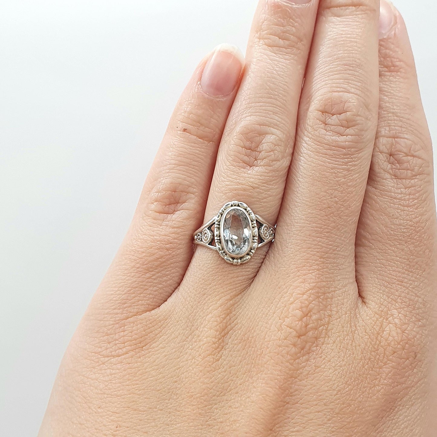 Antique Sterling Silver Rock Crystal Ring Art Deco Oval Cut Quartz TLM Thomas L Mott Jewellery Jewelry Vintage UK L.5 US 6