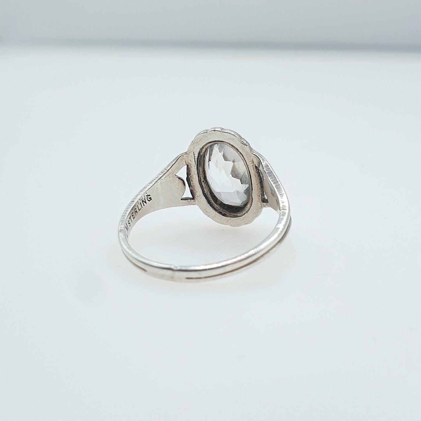Antique Sterling Silver Rock Crystal Ring Art Deco Oval Cut Quartz TLM Thomas L Mott Jewellery Jewelry Vintage UK L.5 US 6