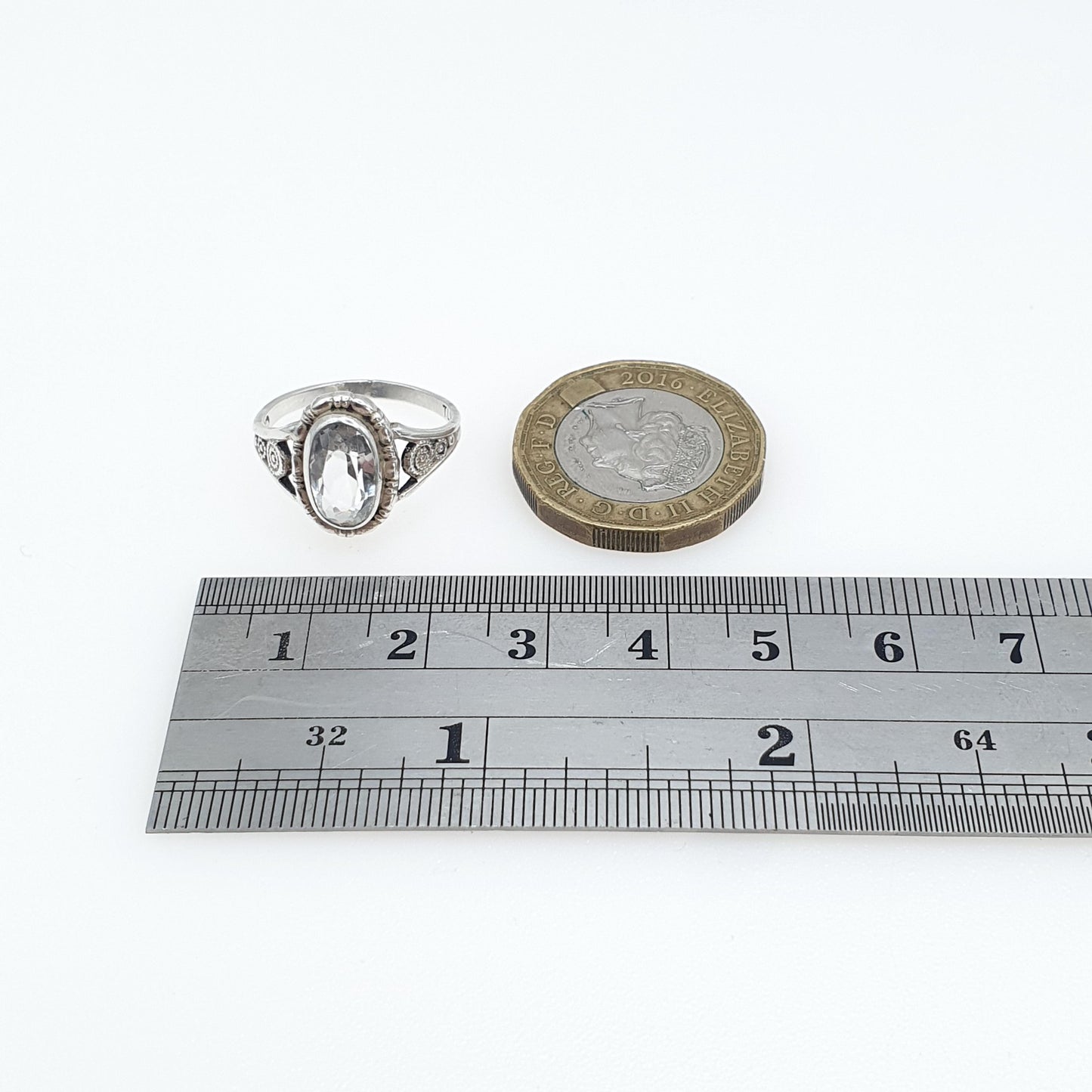 Antique Sterling Silver Rock Crystal Ring Art Deco Oval Cut Quartz TLM Thomas L Mott Jewellery Jewelry Vintage UK L.5 US 6