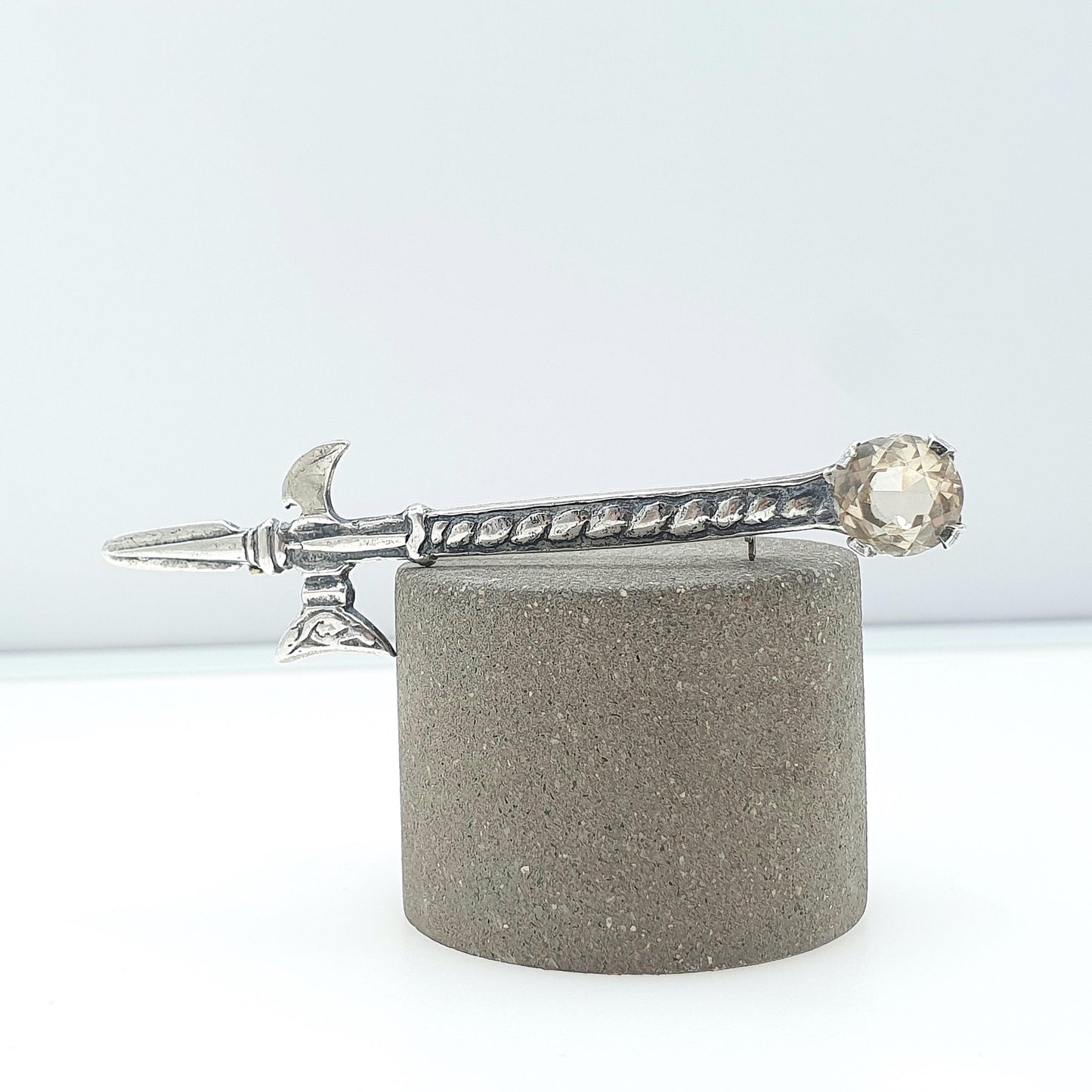Vintage Sterling Silver Citrine Scottish Brooch Celtic Axe Pike Polearm Quartz Gemstone Gaelic Jewelry Jewellery