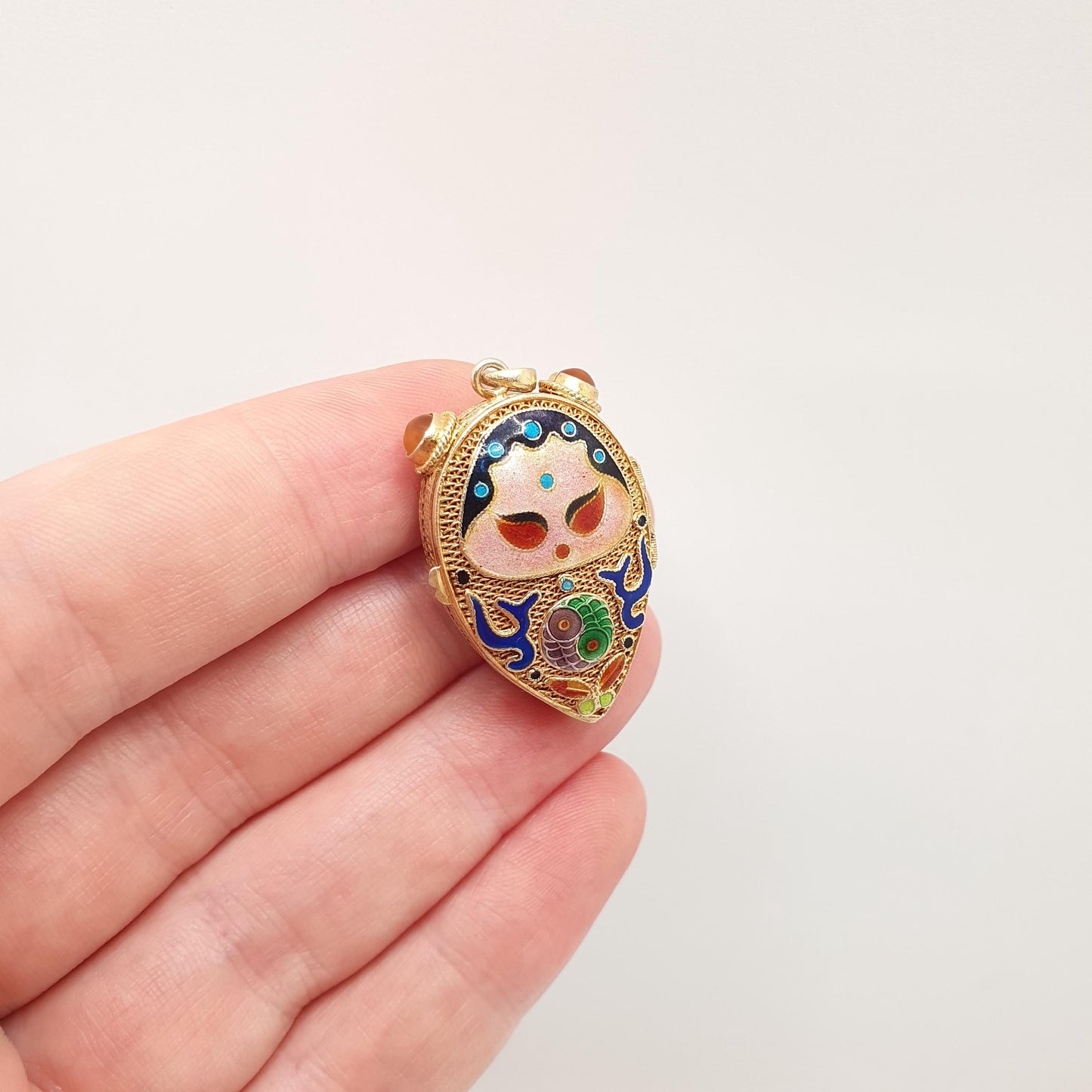 Vintage Chinese Locket Solid Silver Citrine Enamel Gold Vermeil Filigree Pendant Necklace China Asian Colourful Womens Jewelry Jewellery