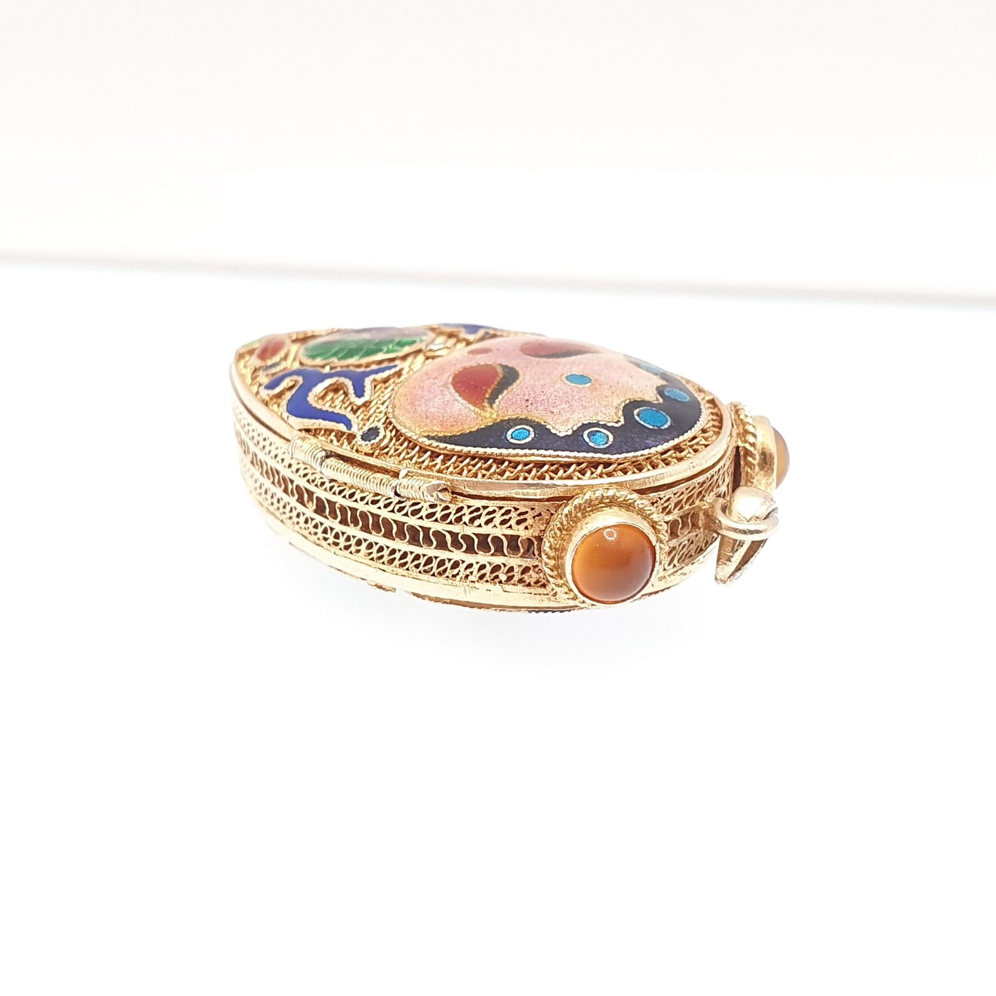 Vintage Chinese Locket Solid Silver Citrine Enamel Gold Vermeil Filigree Pendant Necklace China Asian Colourful Womens Jewelry Jewellery