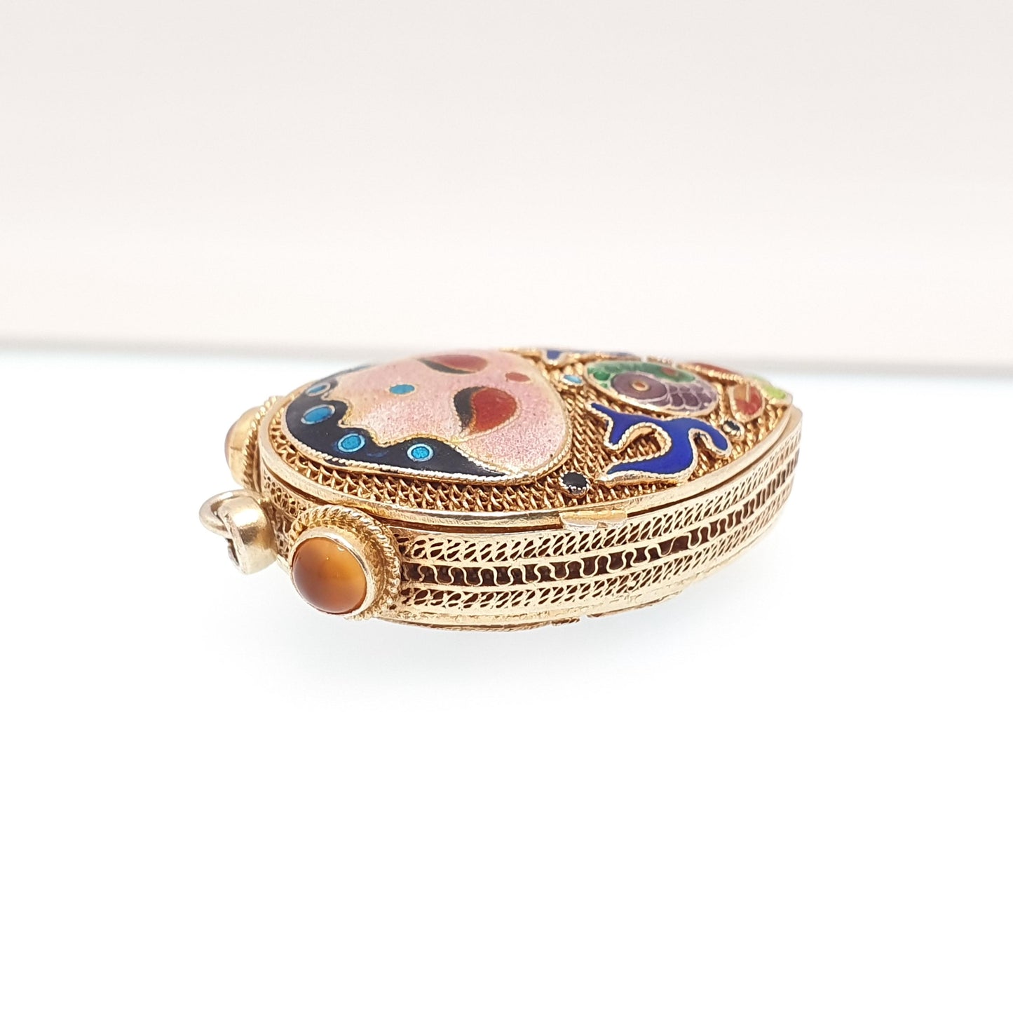 Vintage Chinese Locket Solid Silver Citrine Enamel Gold Vermeil Filigree Pendant Necklace China Asian Colourful Womens Jewelry Jewellery