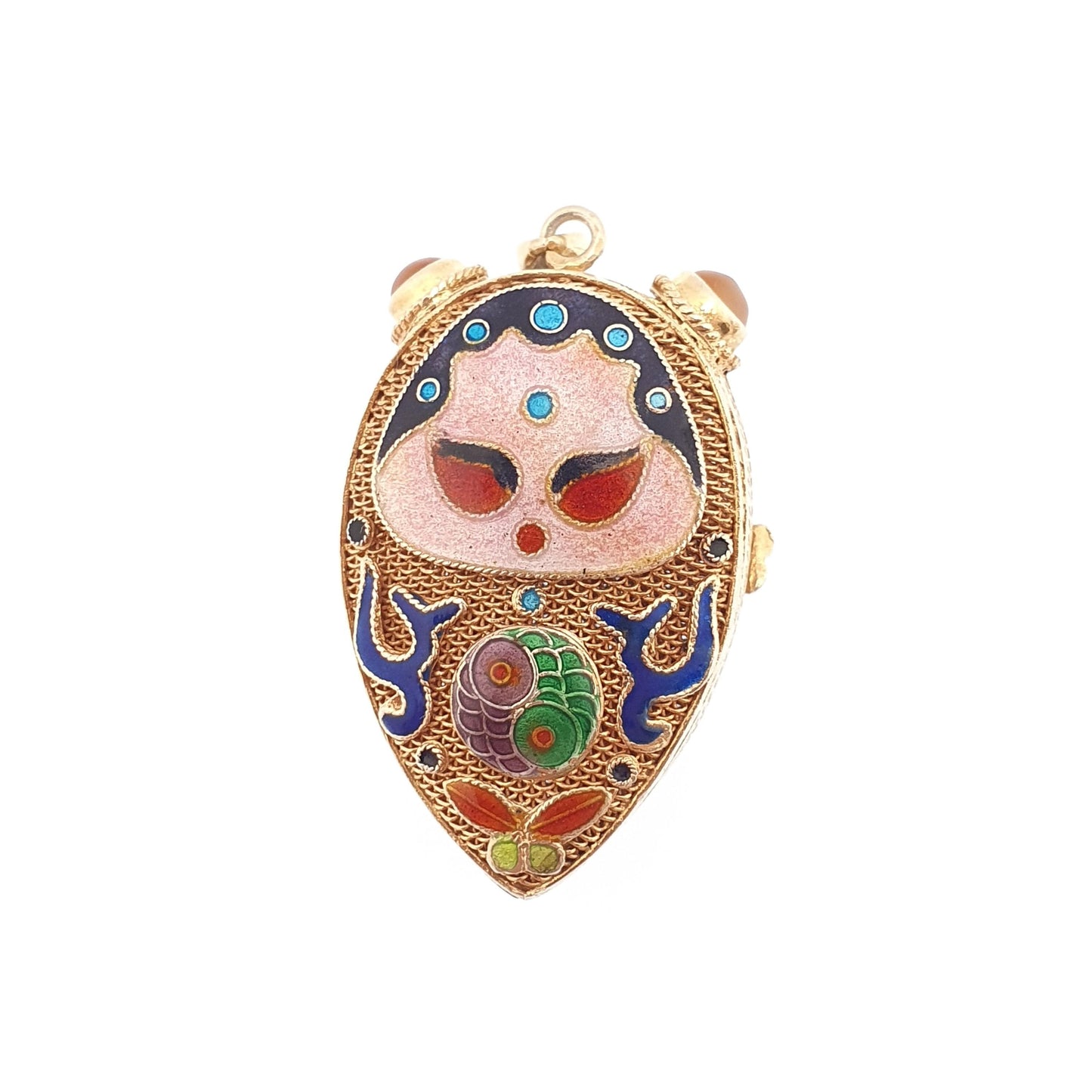 Vintage Chinese Locket Solid Silver Citrine Enamel Gold Vermeil Filigree Pendant Necklace China Asian Colourful Womens Jewelry Jewellery