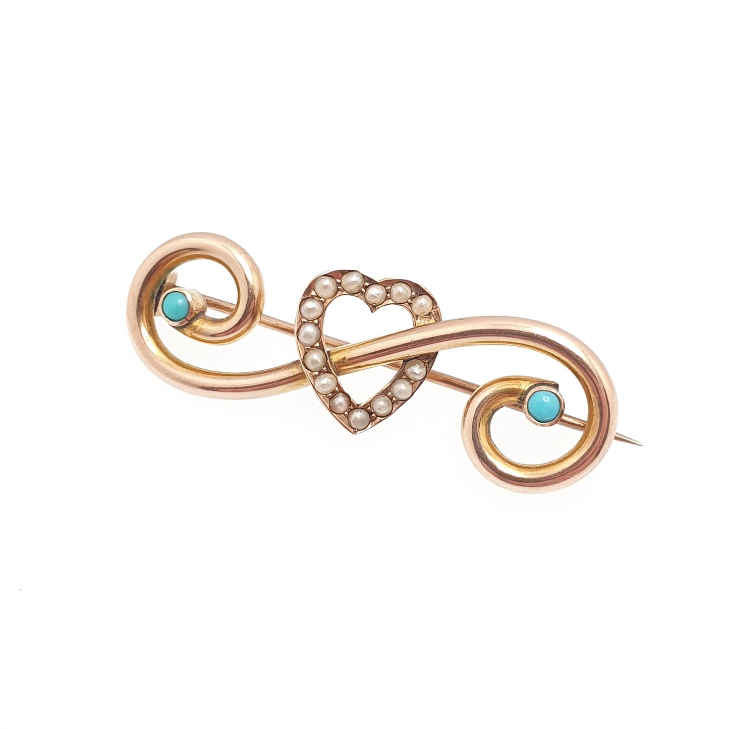 Antique 9ct Gold Turquoise Heart Brooch Pin Seed Pearl Forget Me Not Solid 9kt 9k Edwardian Art Nouveau Jewelry Jewellery