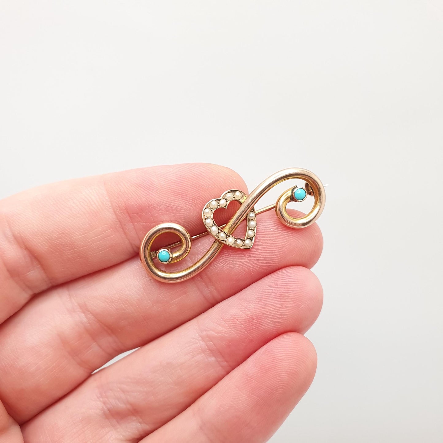 Antique 9ct Gold Turquoise Heart Brooch Pin Seed Pearl Forget Me Not Solid 9kt 9k Edwardian Art Nouveau Jewelry Jewellery