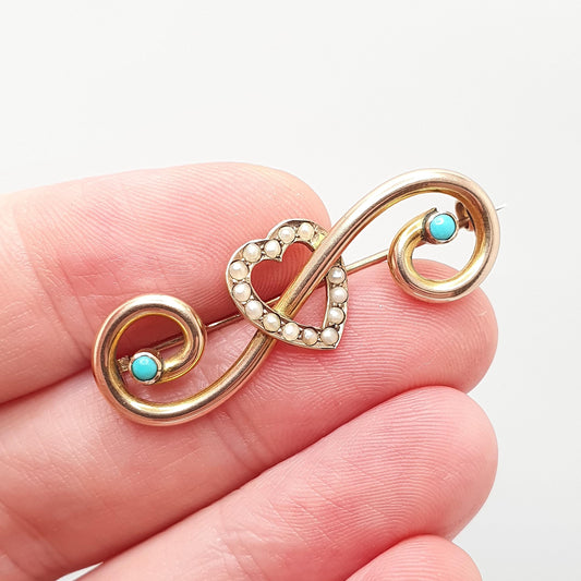 Antique 9ct Gold Turquoise Heart Brooch Pin Seed Pearl Forget Me Not Solid 9kt 9k Edwardian Art Nouveau Jewelry Jewellery