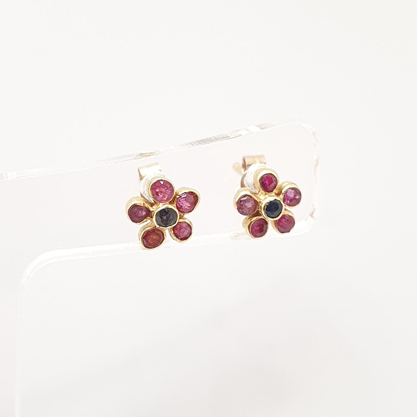 Vintage 18ct Gold Ruby & Sapphire Earrings Stud Cluster Flower Solid 18k 18kt Natural Gemstones Cute Small Jewelry Jewellery