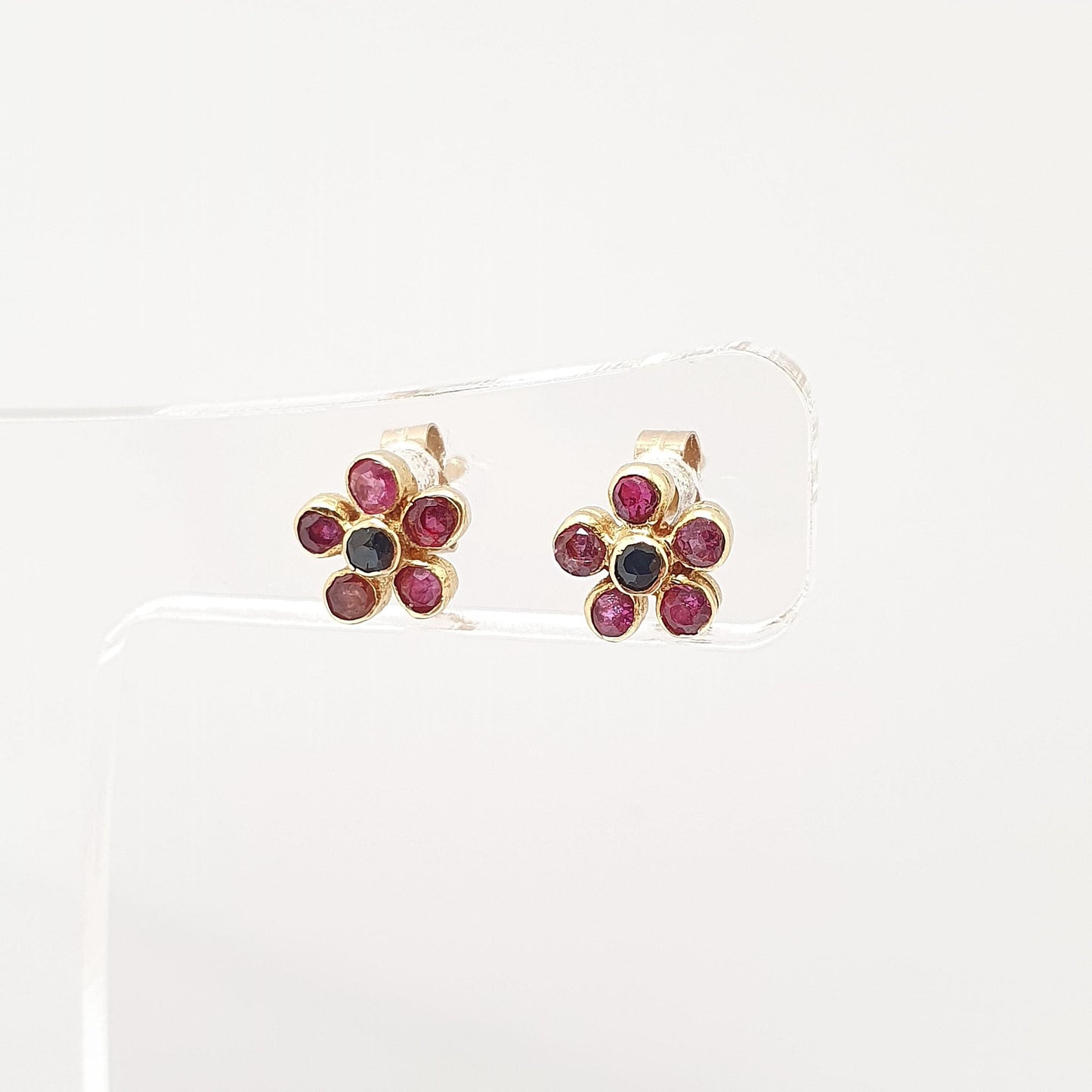 Vintage 18ct Gold Ruby & Sapphire Earrings Stud Cluster Flower Solid 18k 18kt Natural Gemstones Cute Small Jewelry Jewellery