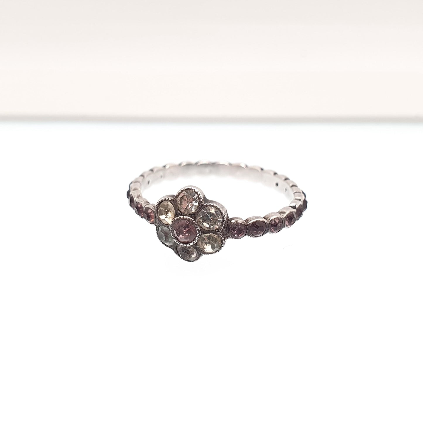 Antique Solid Silver Pink Paste Flower Ring Victorian Eternity White Pastes Sweetheart 1800s Vintage Ladies Womens Jewelry
