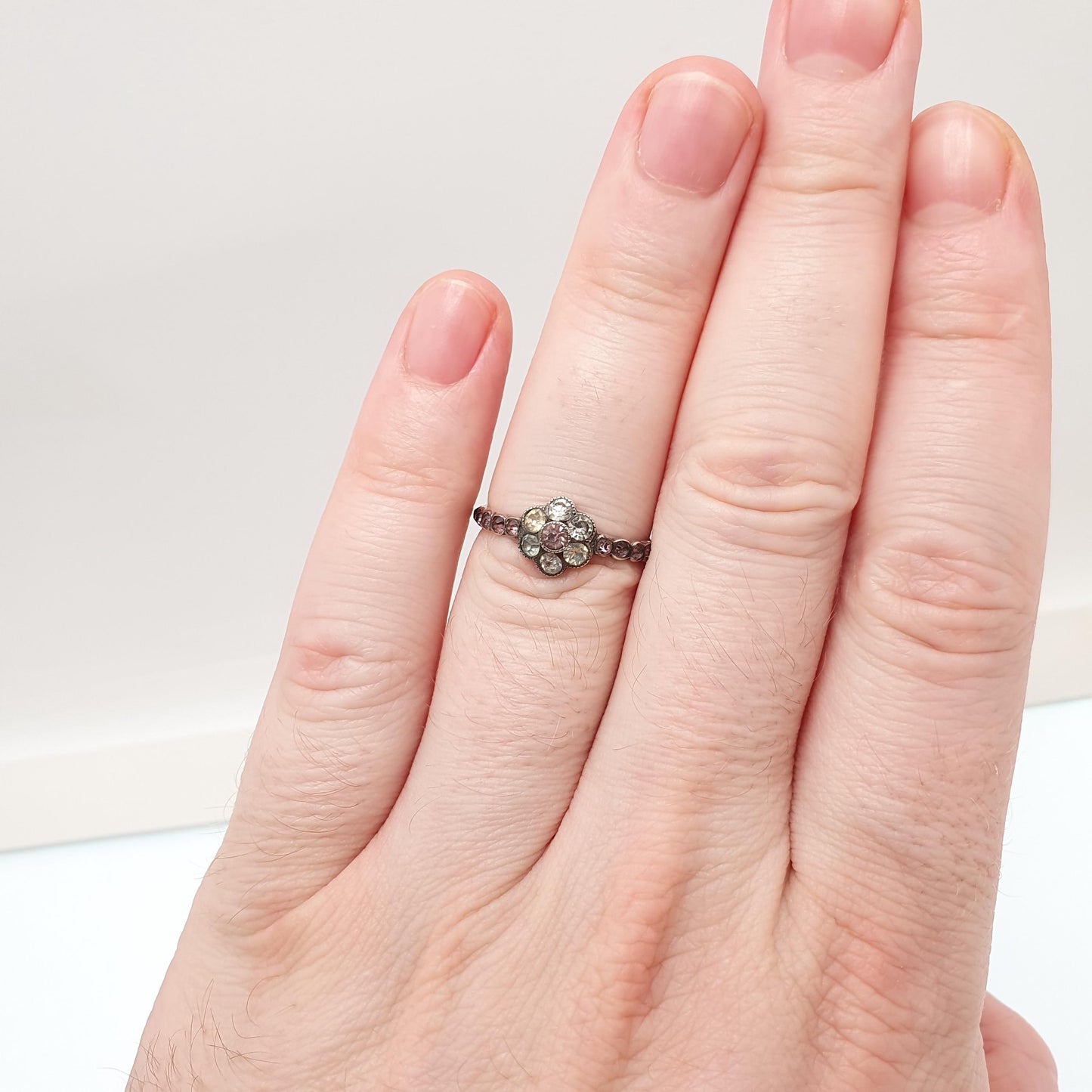 Antique Solid Silver Pink Paste Flower Ring Victorian Eternity White Pastes Sweetheart 1800s Vintage Ladies Womens Jewelry