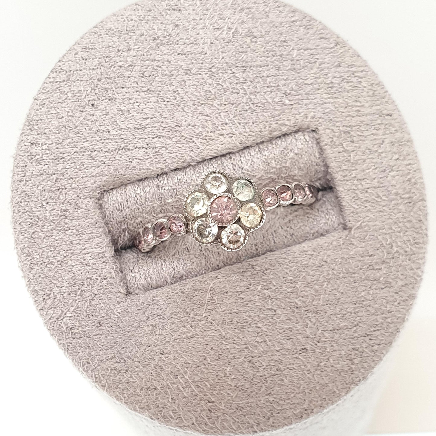 Antique Solid Silver Pink Paste Flower Ring Victorian Eternity White Pastes Sweetheart 1800s Vintage Ladies Womens Jewelry