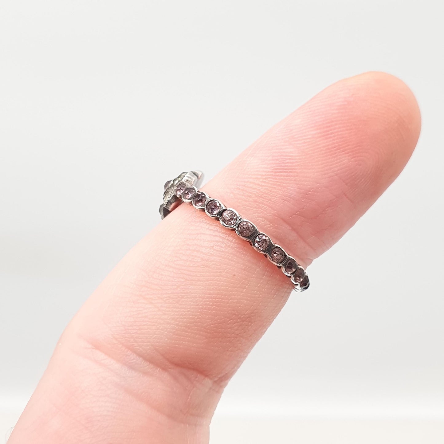 Antique Solid Silver Pink Paste Flower Ring Victorian Eternity White Pastes Sweetheart 1800s Vintage Ladies Womens Jewelry