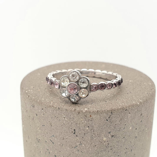 Antique Solid Silver Pink Paste Flower Ring Victorian Eternity White Pastes Sweetheart 1800s Vintage Ladies Womens Jewelry