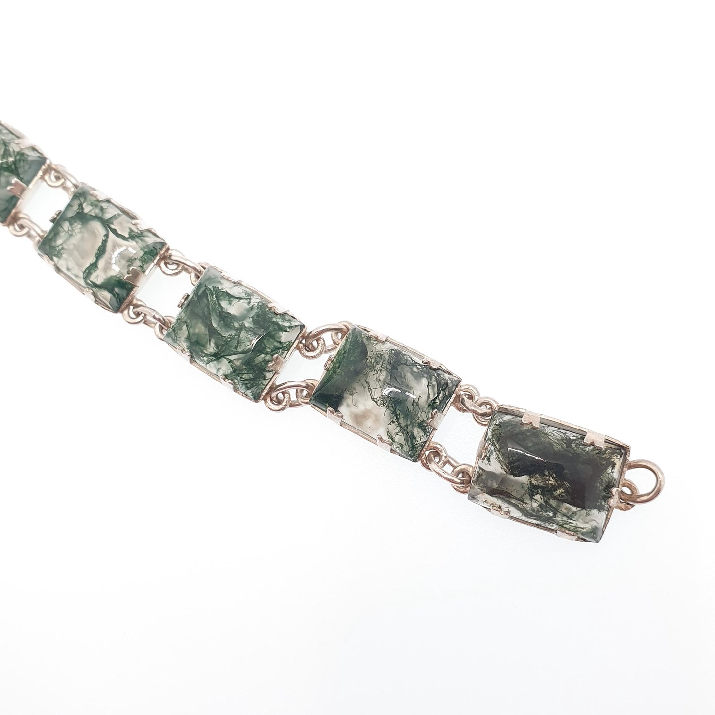 Antique Solid Silver Moss Agate Bracelet Scottish Art Deco Celtic 1920s Quartz Rectangular Links Vintage Jewelry Jewellery