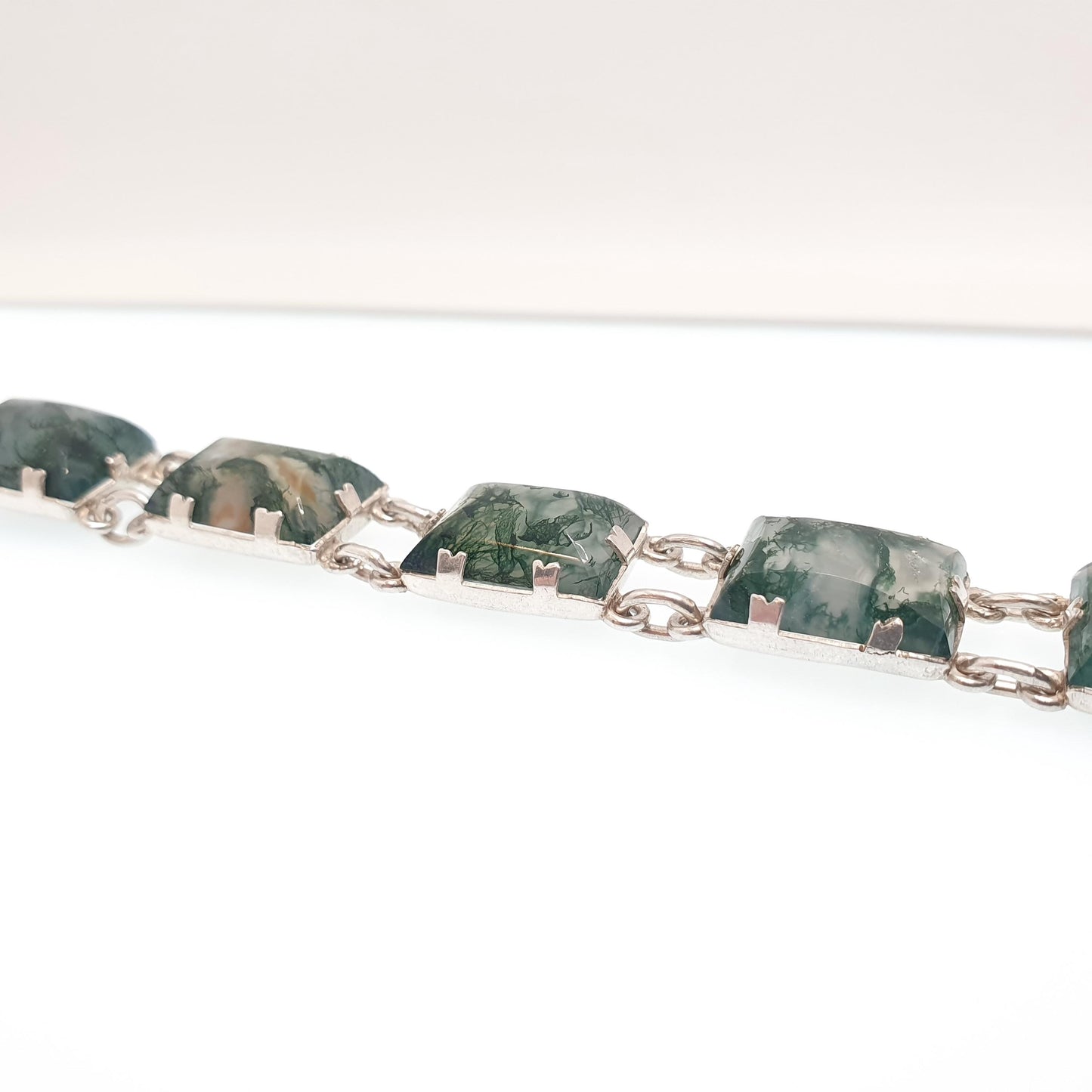 Antique Solid Silver Moss Agate Bracelet Scottish Art Deco Celtic 1920s Quartz Rectangular Links Vintage Jewelry Jewellery