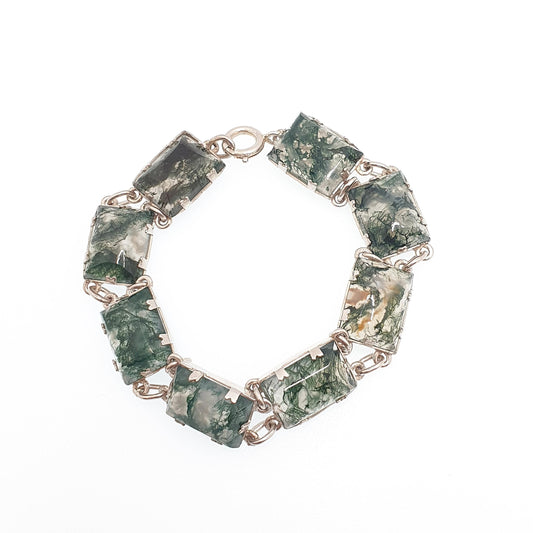 Antique Solid Silver Moss Agate Bracelet Scottish Art Deco Celtic 1920s Quartz Rectangular Links Vintage Jewelry Jewellery