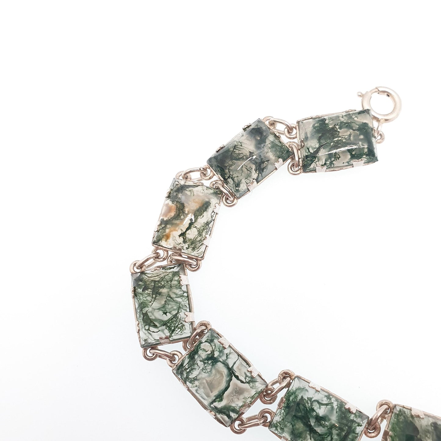 Antique Solid Silver Moss Agate Bracelet Scottish Art Deco Celtic 1920s Quartz Rectangular Links Vintage Jewelry Jewellery