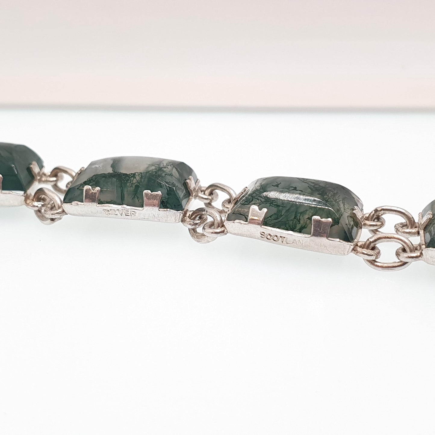 Antique Solid Silver Moss Agate Bracelet Scottish Art Deco Celtic 1920s Quartz Rectangular Links Vintage Jewelry Jewellery