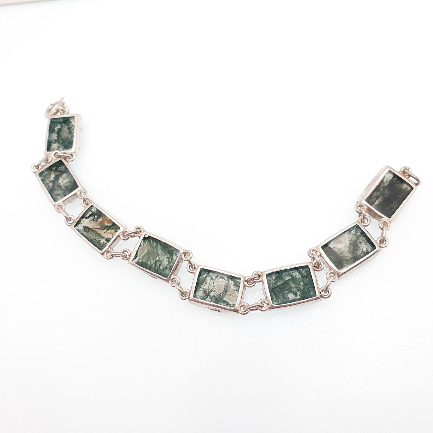 Antique Solid Silver Moss Agate Bracelet Scottish Art Deco Celtic 1920s Quartz Rectangular Links Vintage Jewelry Jewellery