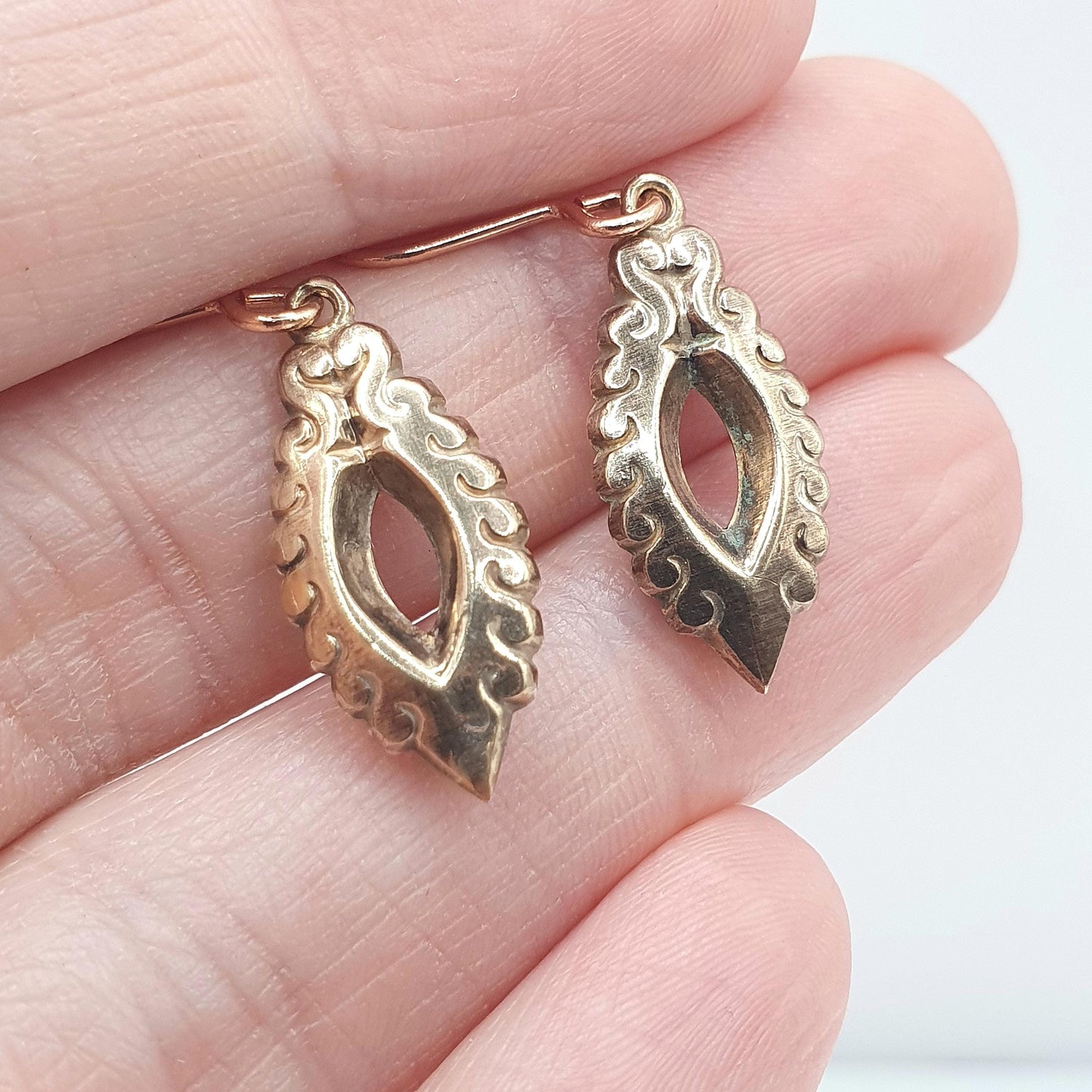 Antique Victorian Rose Rolled Gold Earrings Eye Ellipse Shape Hook Drop Dangle Gold Filled Vintage Womens Jewellery Jewelry