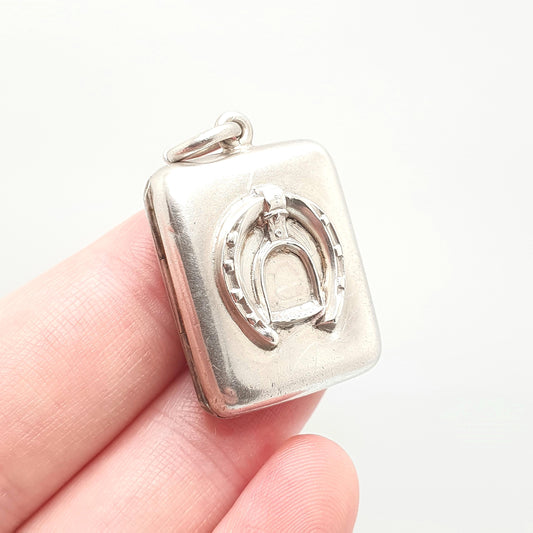 Antique Sterling Silver Horseshoe Locket Victorian 1882 Stirrup Horse Riding Lucky Equestrian Rectangular Vintage Jewelry Jewellery