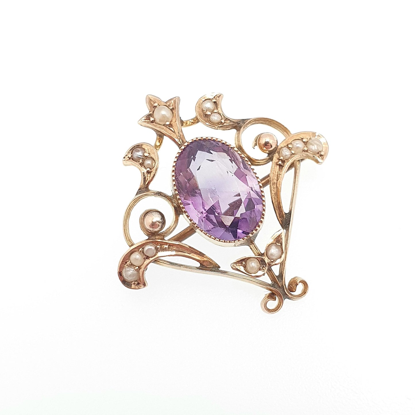 Antique 9ct 9k Gold Amethyst Pendant Seed Pearl Necklace Brooch Edwardian Solid 375 Gemstone Vintage Jewellery Jewelry
