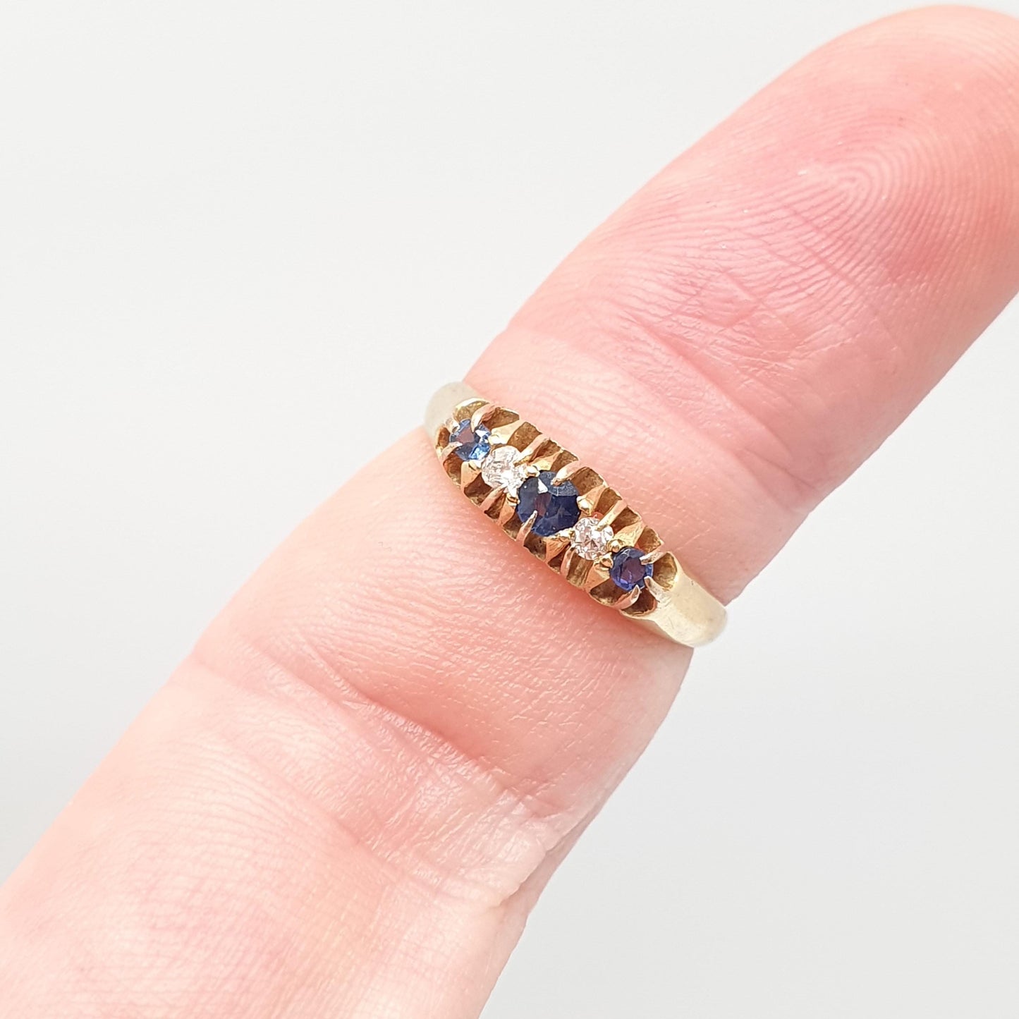 Antique 18ct 18k Gold Sapphire & Diamond Ring Solid 750 Old Cut Hallmarked Five Gemstone Vintage Jewelry Jewellery