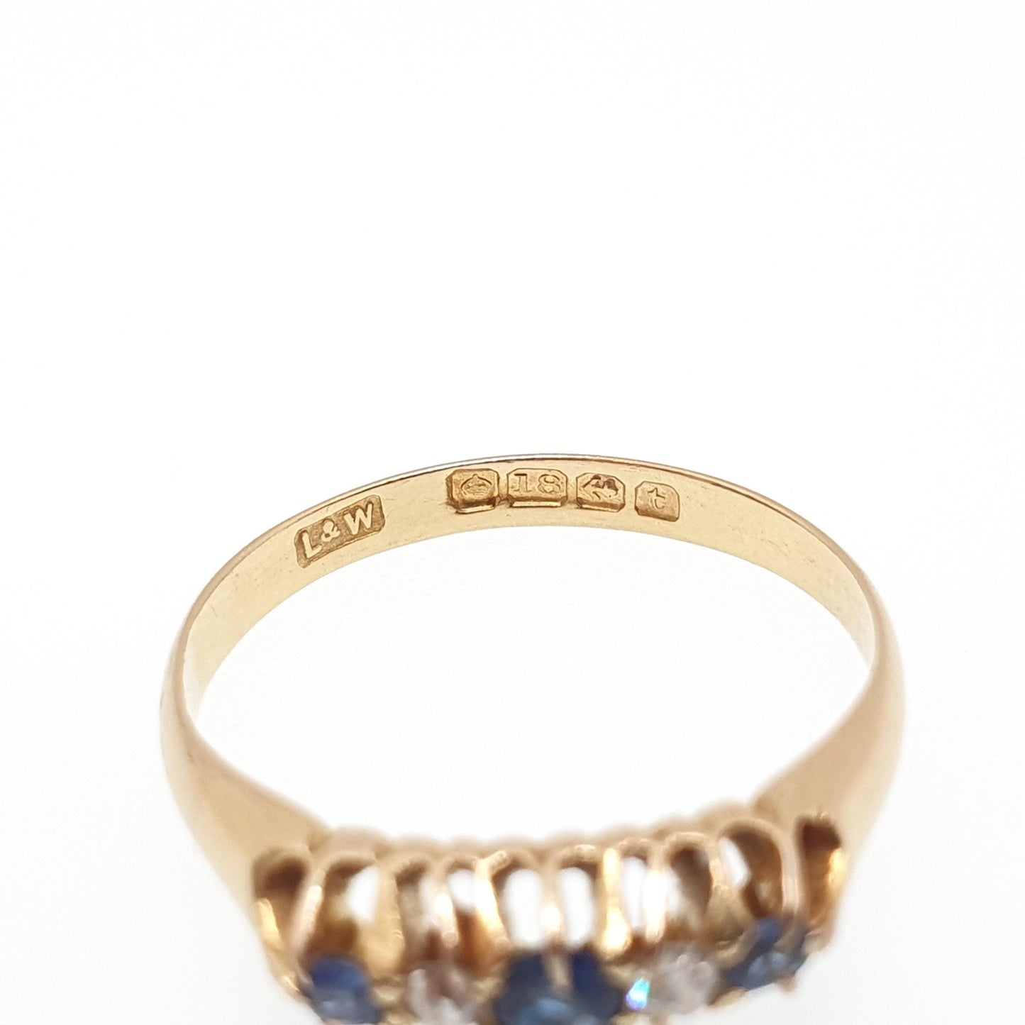 Antique 18ct 18k Gold Sapphire & Diamond Ring Solid 750 Old Cut Hallmarked Five Gemstone Vintage Jewelry Jewellery