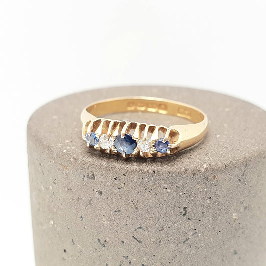 Antique 18ct 18k Gold Sapphire & Diamond Ring Solid 750 Old Cut Hallmarked Five Gemstone Vintage Jewelry Jewellery