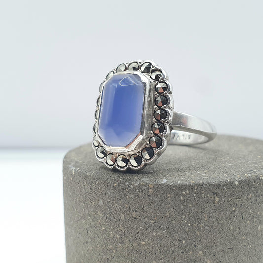 Antique Solid Silver Blue Chalcedony Ring Rectangular Art Deco Marcasite Vintage Womens Ladies Jewellery Jewelry UK L US 5.5