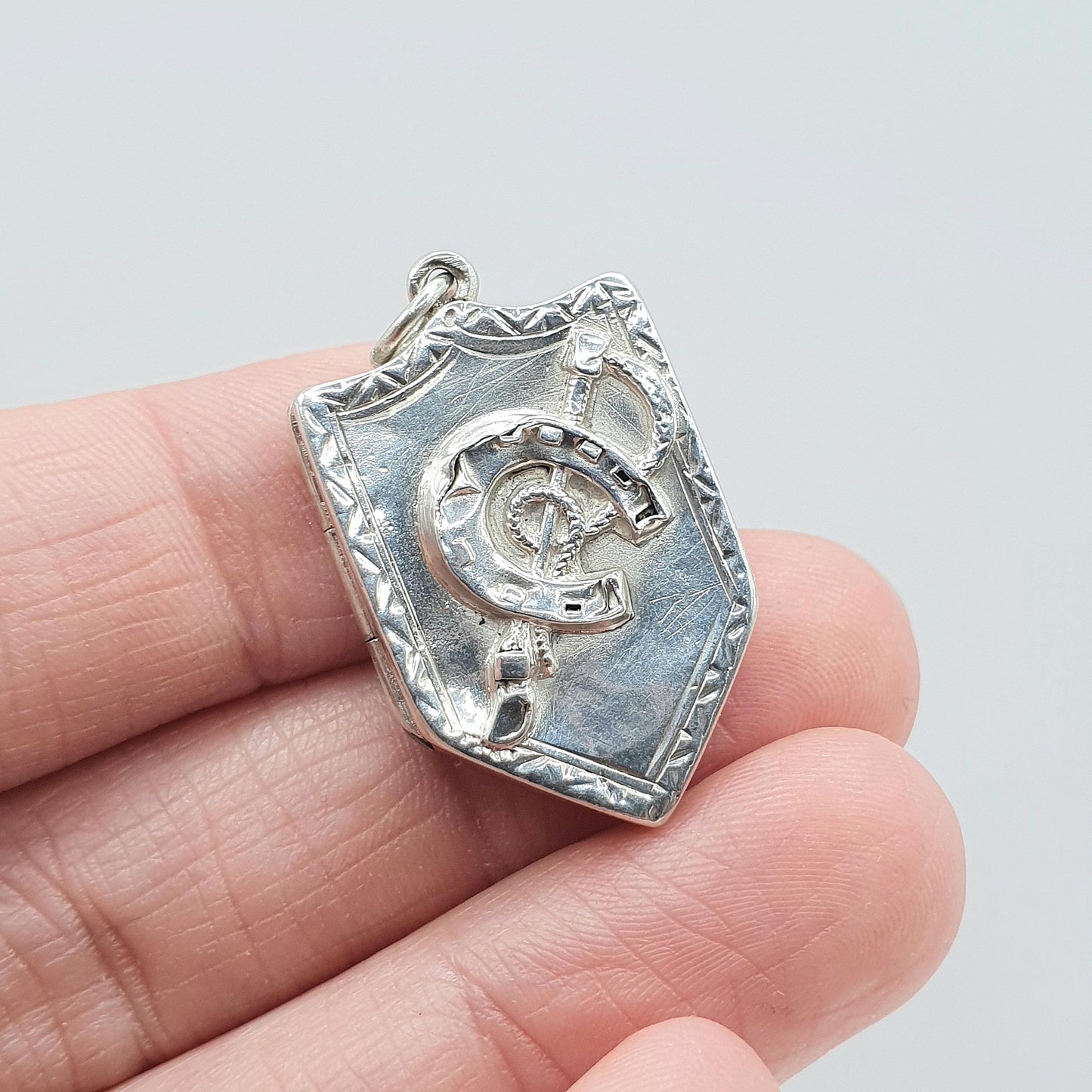 Antique Sterling Silver Horseshoe and Riding Crop Shield Locket Equestrian Horse Riding Vintage Pendant Jewelry Womens Mens Jewellery