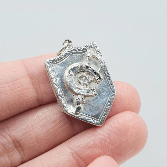 Antique Sterling Silver Horseshoe and Riding Crop Shield Locket Equestrian Horse Riding Vintage Pendant Jewelry Womens Mens Jewellery