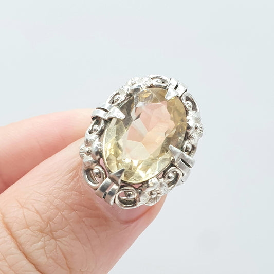 Antique Art Nouveau Solid Silver Natural Citrine Ring Oval Cut Flower Decoration Vintage Women Jewellery Jewelry UK J.5 or US 5