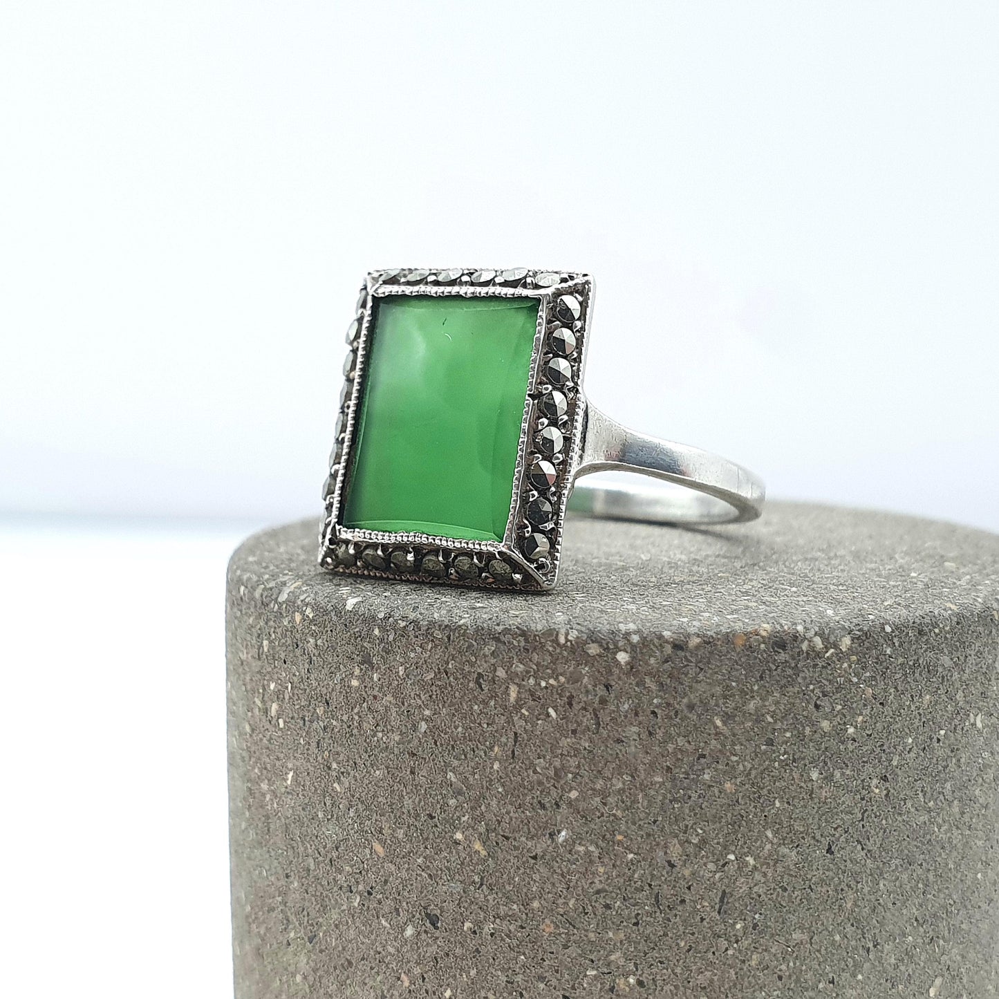 Antique Solid Silver Chrysoprase Ring Art Deco Marcasite Rectangular Green Gemstone Womens Jewelry Jewellery UK O.5 US 7.5
