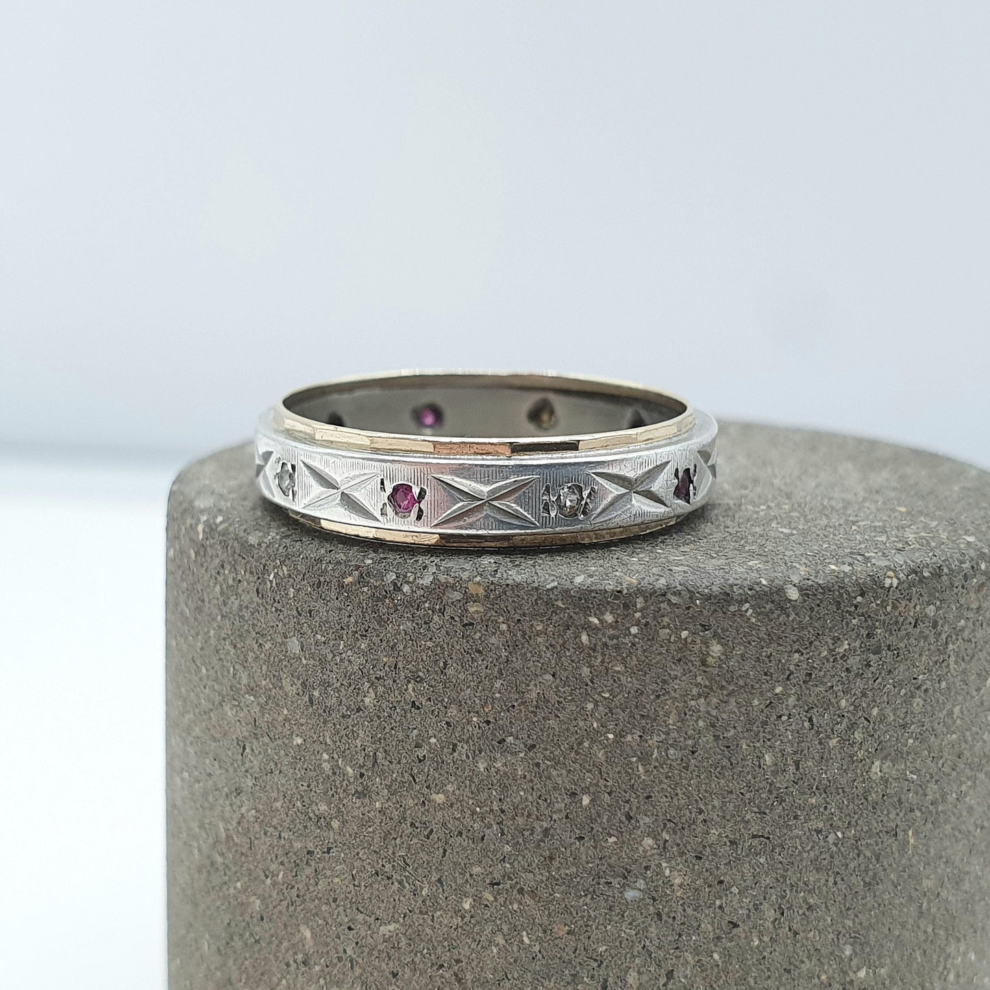 Antique 9ct Gold & Solid Silver Ruby and White Spinel Eternity Ring Art Deco Gift Womens Jewellery Jewelry UK M.5 US 6.5