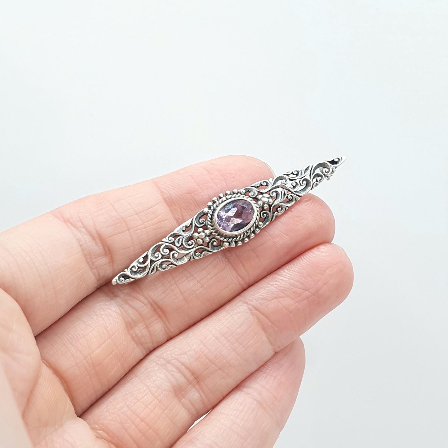 Antique Sterling Silver Amethsyt Brooch Art Nouveau Floral Pierced Oval Cut Lilac Gemstone Vintage Womens Mens Jewelry Jewellery